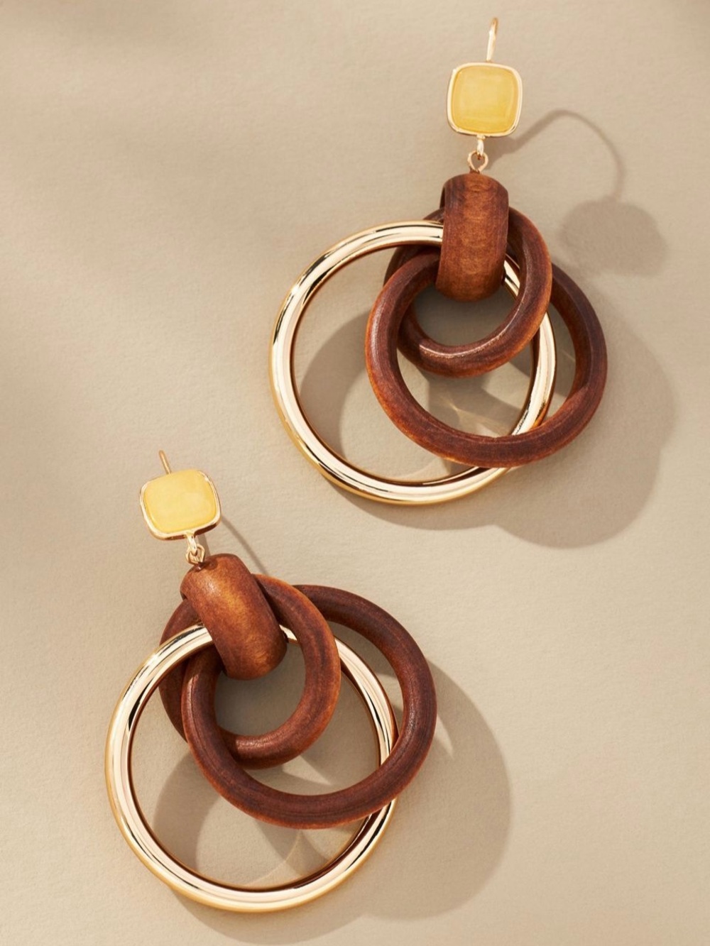 Anthropologie Wood Multi Link Brown and Gold Drop Earrings